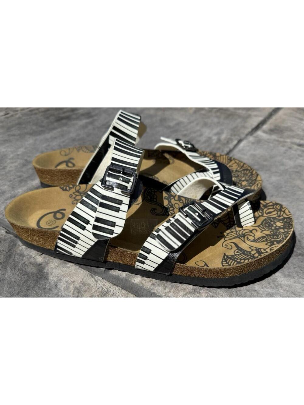 Calceo Sandals 42 Black Ivory Piano Keys Strappy Slip On Flat Shoes Faux Leather